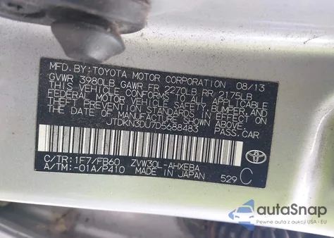 2013 Toyota Prius из США, поврежденный, VIN JTDKN3DUUD5688483